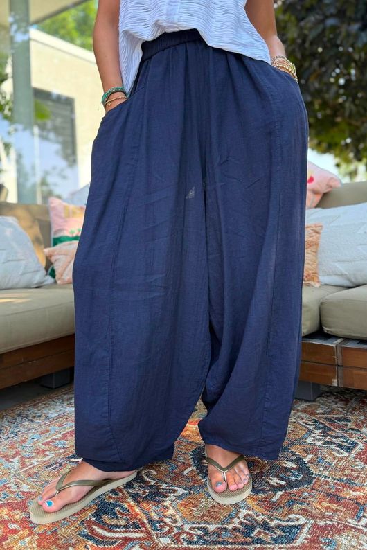 Sandbar Linen Blend Bloom Barrel Pant Navy